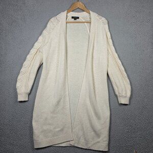 Ann Taylor Sweater Womens Size MP Ivory Long Cable-Knit Open Cardigan Raglan
